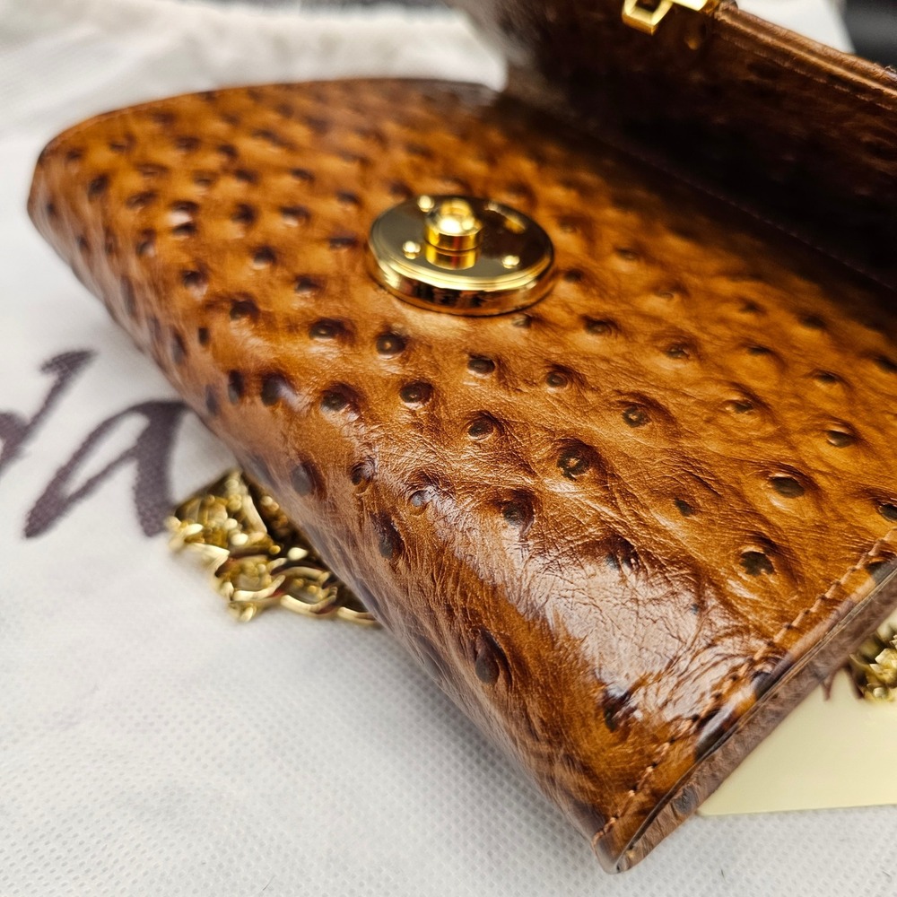 Andalossi Ostrich Embossed Leather Crossbody Flap Chain Shoulder Bag‎ Gold Tan - Picture 15 of 16